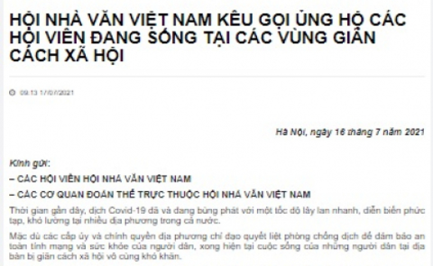 Lời kêu gọi ủng hộ nhà văn và nhân dân vùng giãn cách xã hội